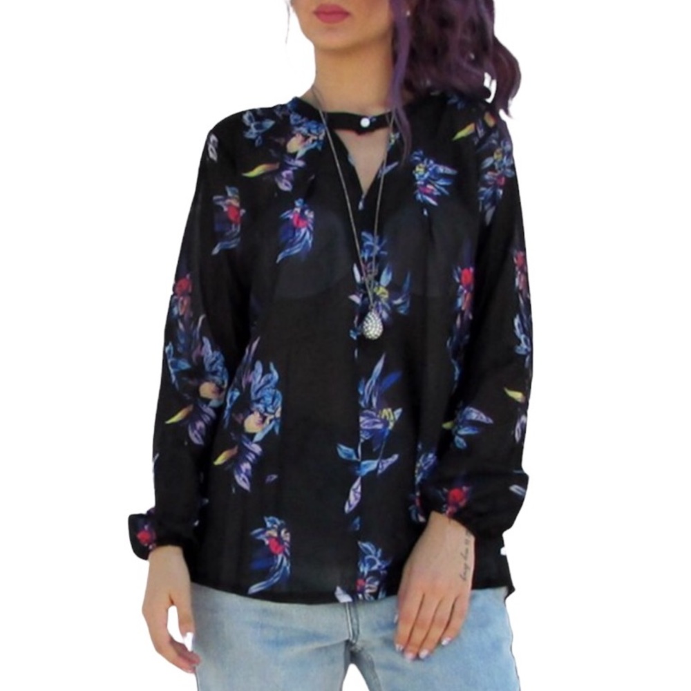 Black Floral Print Long Sleeve Chiffon Blouse 3XL